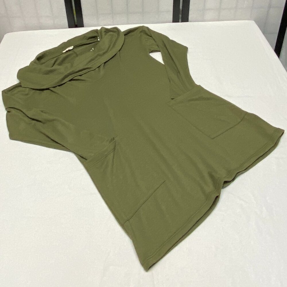 Emerald Olive Green Knit Cowl Neck Tunic Long Sleeve Button Back Patch Pockets M - Picture 8 of 12